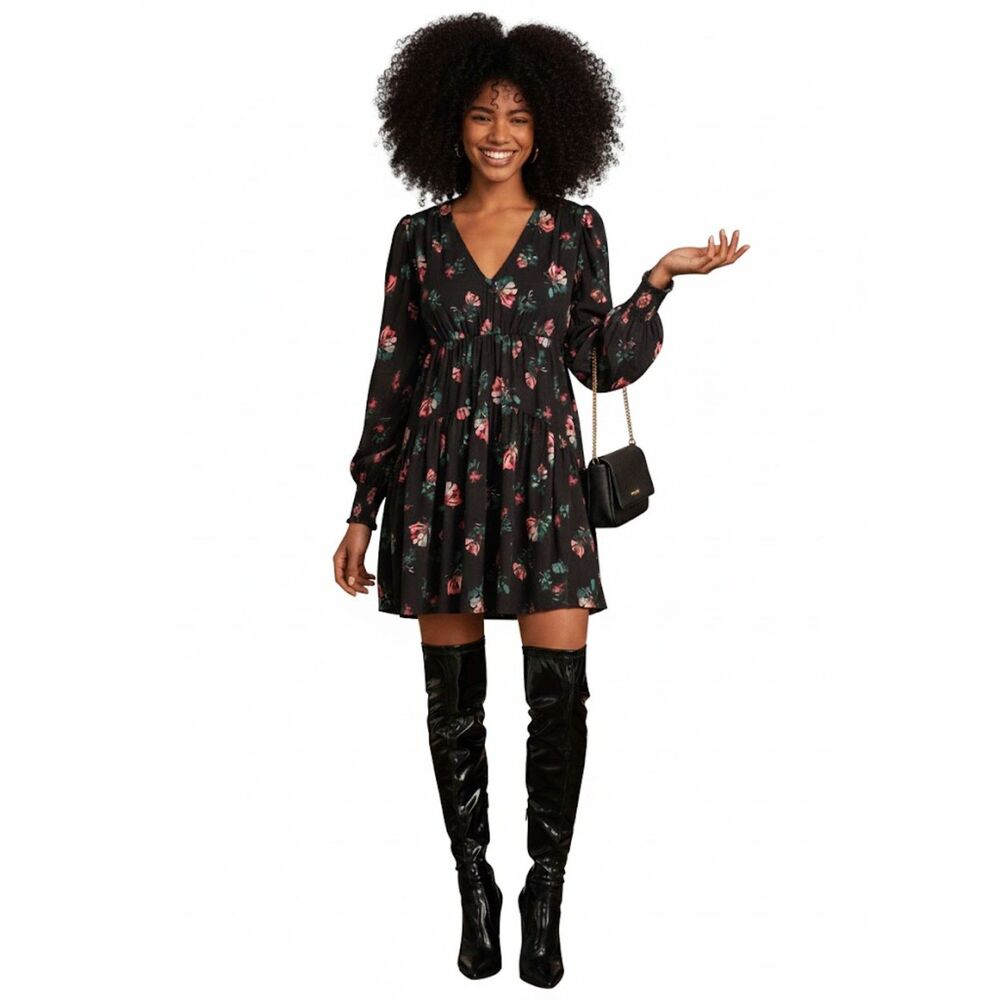 A NEW DAY FLORAL PRINT BLACK MINI DRESS XS TIE BACK FLOWY LONG SLEEVE V-NECK